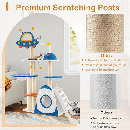 PETSITE 64.5 Inch Space-Themed Cat Tree, Multi-Level Cat Tower with Sisal Scratching Posts, UFO-Shaped Top Perch, Climbing Ladder, Hanging Star-Shaped Jingling Toys, Cute Cat Tree for Indoor Cats