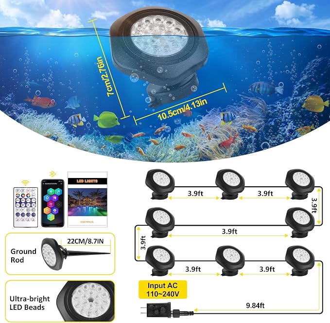 T-SUN Pond Lights LED Underwater 16M Colors with App and Remote 8 Pack | Dimmable,Timer,IP68 Waterproof Submersible Fountain Lights Led Underwater Pond Lights for Outdoor Pond Koi Aquarium Garden