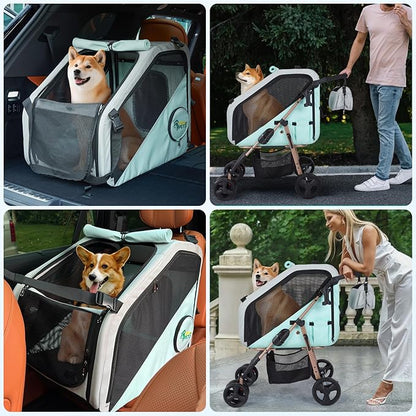 Ownpets Dog Stroller with Upgraded 4 Wheels, 3 in 1 Foldable Pet Stroller for Medium Dogs and Cats Up to 66lbs, Detachable Carrier for Car Seat, with Storage Organizer, Cup Holder