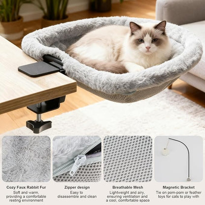 Cat Desk Bed - 17x18 in Cat Desk Perch for Remote Workers, Gamers and Office Staff - Desktop Suspended Cat's Bed (Holds up to 40 lb) - Foldable Cats Hammock Desk for Removable Cover and Toy Holder