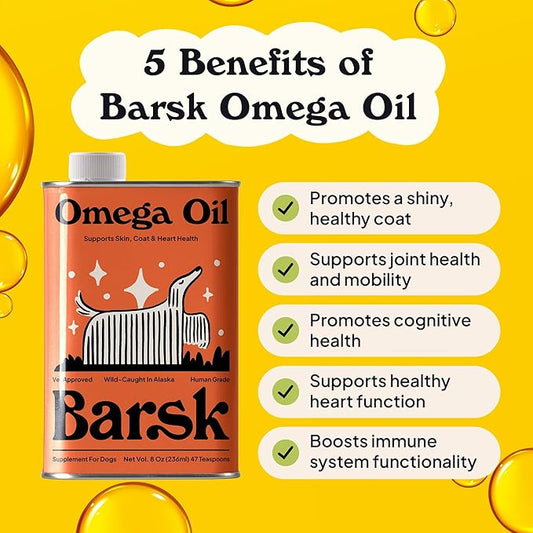Barsk Wild Alaskan Fish Oil for Dogs & Cats - Supports Itchy Skin Relief, Shiny Coat, Joint & Heart Health – Salmon Oil Formula High in Omega-3, EPA & DHA – Tasty Cat & Dog Food Toppers for Dry Food