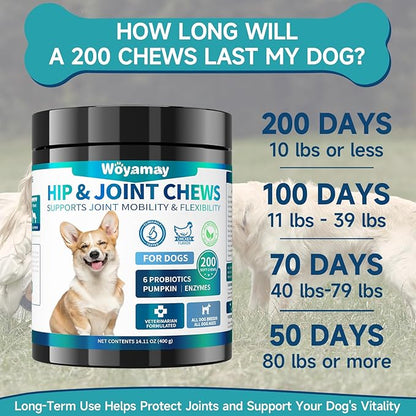 Hip and Joint Supplement for Dogs, Glucosamine for Dog Joint Supplement, 200 Soft Chews with Glucosamine, Chondroitin and MSM Dog Hip and Joint Supplement for All Ages and Breeds, Chicken Flavor