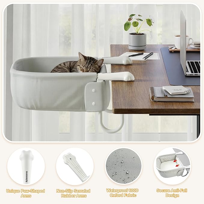 Cat Desk Bed for Large Cats 50 lbs Heavy Duty Cat Bed for Desk Attachment with Paw Design Extra-Sturdy Dog Chair Dual-Sided Mat Waterproof Easy Assembly for Gaming Desk Kitchen Island White