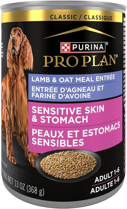 Purina Pro Plan Sensitive Skin and Stomach Dog Food Wet Classic Pate Lamb and Oat Meal Entrée - 13 oz. Cans,(Pack of 24)