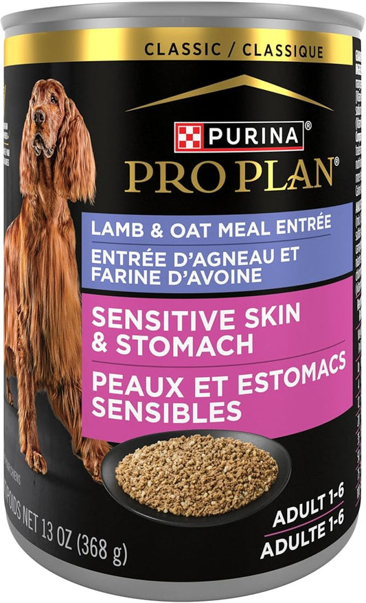 Purina Pro Plan Sensitive Skin and Stomach Dog Food Wet Classic Pate Lamb and Oat Meal Entrée - 13 oz. Cans,(Pack of 24)