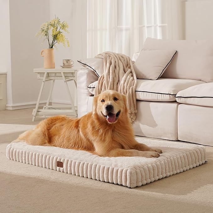 Orthopedic Dog Bed for Large Dog, Waterproof Pet Bed for Crate,Non-Slip Bottom and Egg-Crate Foam with Removable Washable Cover Crate Bed,Cream,35"x22"x3"