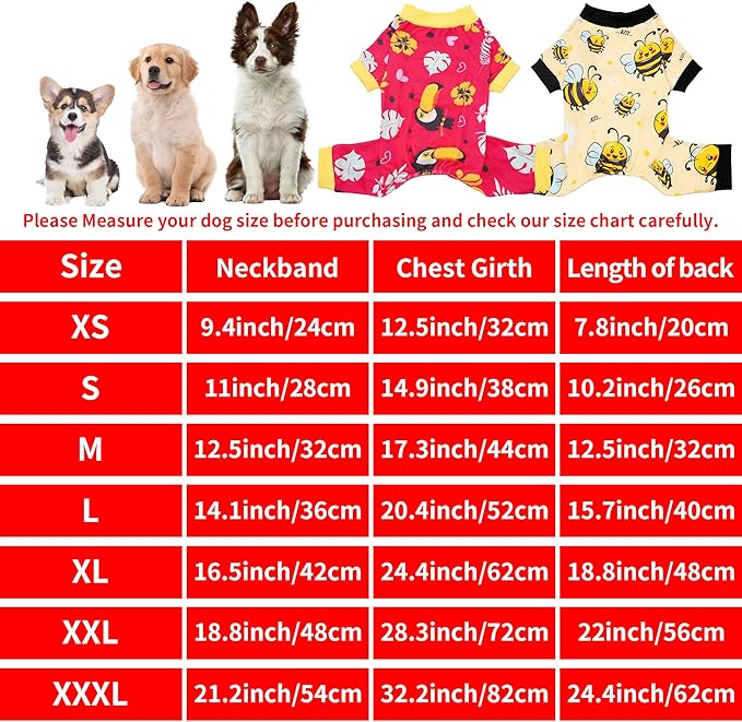 2PCS Dog Pajamas for Small Doggie Pjs Puppy Onesies Outfits Pet Jammies Boy Girl Male Female Apparel Toucan Bee Pattern Soft Lightweight Stretch Clothing S
