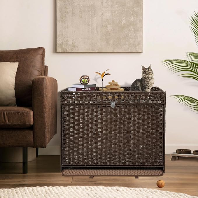 Cat Litter Box Enclosure Furniture Hidden, Pet House Litter Box Furniture for Large Cats, Handwoven Rattan with Door Cat Washroom Box, Indoor Cat House Storage with Soft Litter Mat, Brown