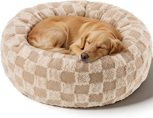 Dog Calming Beds for Small Medium Large Dogs - Round Donut Washable Puppy Dog Bed, Anti-Slip Faux Fur Fluffy Donut Cuddle Anxiety Cat Pet Bed (36" Grid)