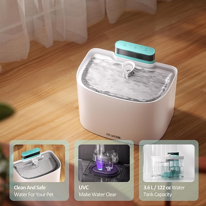 PET LAYSON Pumpless Cat Water Fountain,App Remote Control Smart Cordless Battery Operated 3.6L/122oz Wireless 2.4GHz Wi-Fi Networks Rechargeable Water Dispenser (White, M1Pro-16 Filter)