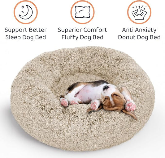 Donut Dog Bed - Premium Comfort for Anxiety Relief - Fluffy & Calming Design with Ultra-Plush Support | Cozy Round Dog Bed with Super Soft Circle Style (Beige, Small)