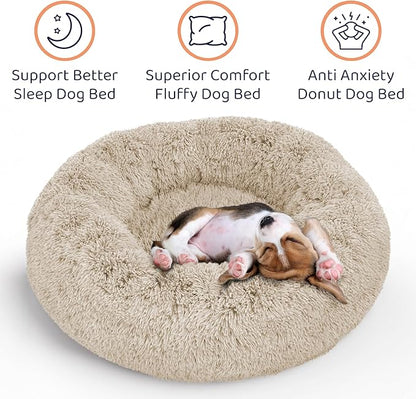 Donut Dog Bed - Premium Comfort for Anxiety Relief - Fluffy & Calming Design with Ultra-Plush Support | Cozy Round Dog Bed with Super Soft Circle Style (Beige, Medium)