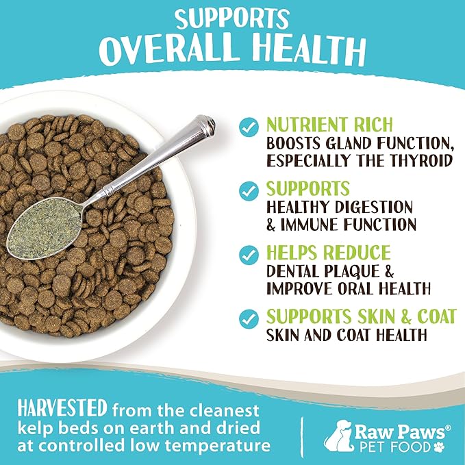 Raw Paws Organic Kelp Powder for Dogs & Cats (8-Ounce) - Supports Thyroid, Digestive & Immune Health - Dried Sea Kelp for Dogs - Seaweed Powder Supplement