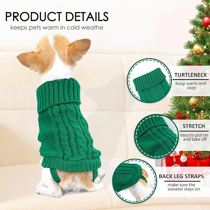 XS Dog Sweater, 2 Pieces Knitted Turtleneck Christmas Dog Sweaters Winter Dog Clothes for Small Dogs Teacup Chihuahua Yorkie Warm Puppy Pet Cat Sweater Outfits, Green and Purple, XSmall