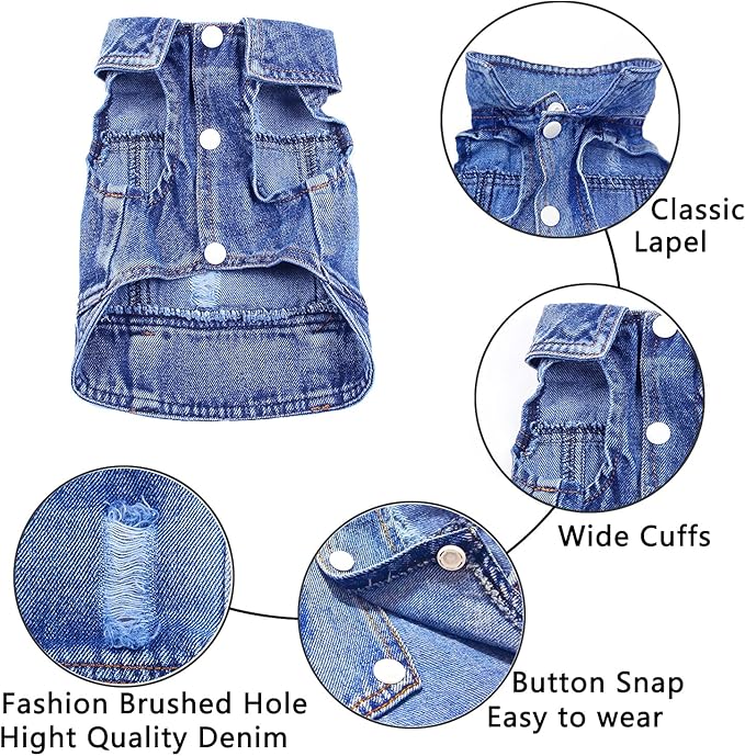Dog Jean Jacket, Blue Denim Shirt Classic Lapel Vest Coat Costume Puppy T-Shirt, Comfort Tank Top Cool Apparel, Washed Pet Clothes for Dogs Boy Girl (Blue, Medium)