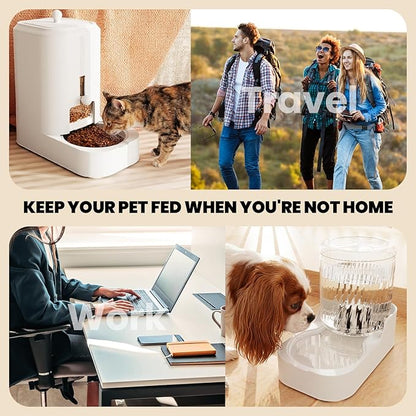 JUNSPOW Automatic Cat Feeder Dog Water Bowl Dispenser Set, Adjustable Food Dispensing & Keep Food Dry, Auto Pet Feeder and Waterer for Cats and Dogs