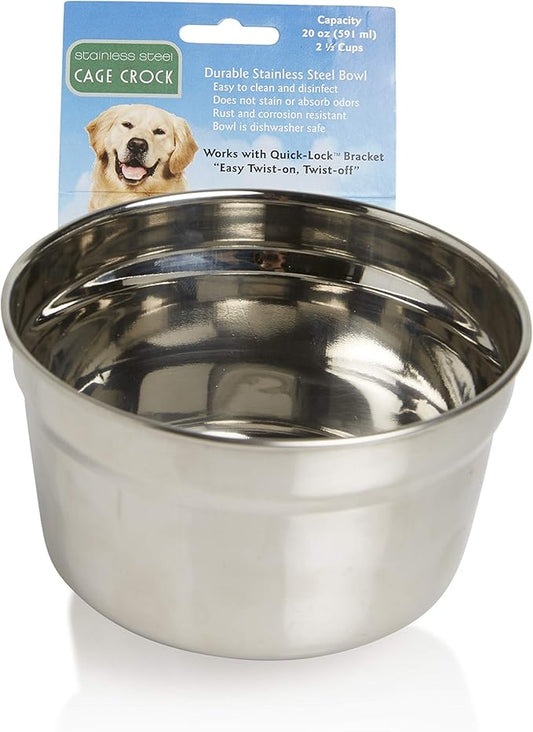 Lixit® Stainless Steel Kennel Food or Water Bowl - Non Spill Hanging Removable Crate Bowls - Carrier Cage Dish for Dogs or Cats for Feeding and Drinking (Stainless Steel, 20 Ounce (Pack of 2))