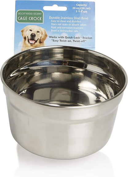 Lixit® Stainless Steel Kennel Food or Water Bowl - Non Spill Hanging Removable Crate Bowls - Carrier Cage Dish for Dogs or Cats for Feeding and Drinking (Stainless Steel, 20 Ounce)