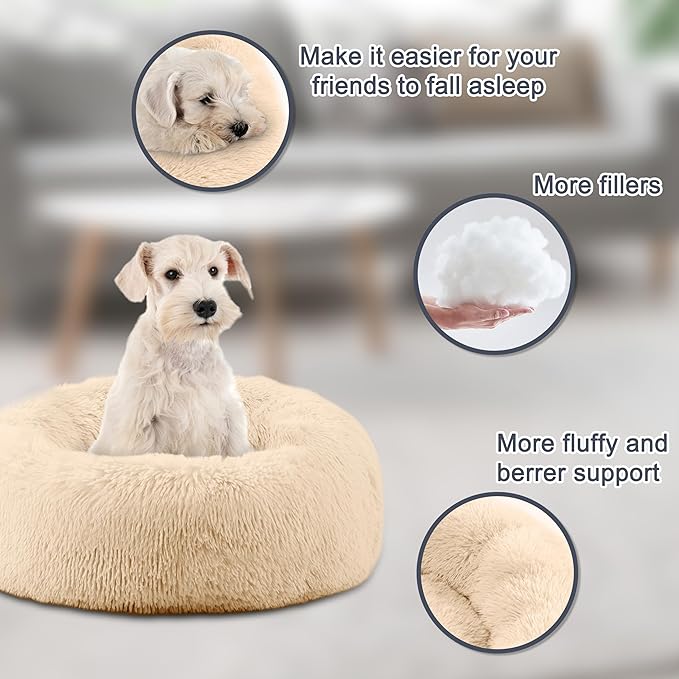 ELSKER&HOME Calming Dog & Cat Bed,Donut Washable Warming Soft Round 23 inches Dog Beds for Small Dogs,Anti-Anxiety Fluffy Plush Cushion Bed Fits up to 30 lbs Pets,Apricot