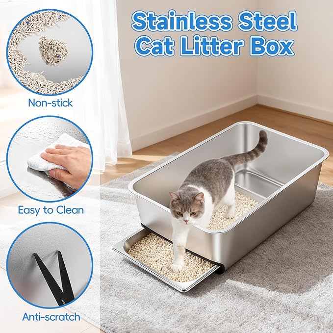 Stainless Steel Litter Box with Pull-Out Pan, 23.6" L x 15.7" Drawer Type Semi-Enclosed Cat Litter Box with Litter Scoop for Big Cat Easy Cleaning