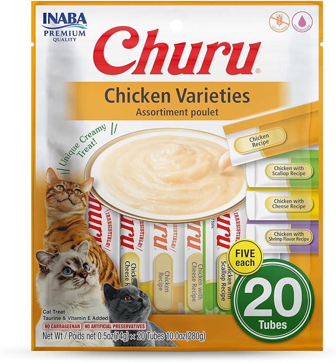 INABA Churu Cat Treats, Lickable, Squeezable Creamy Purée Cat Treat with Green Tea Extract & Taurine, 0.5 Ounces Each Tube, 20 Tubes, Chicken Variety Bag
