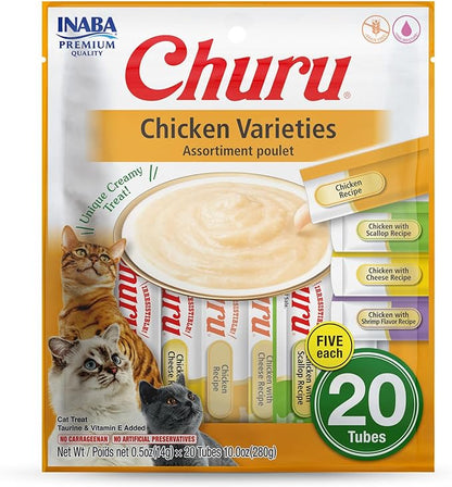 INABA Churu Cat Treats, Lickable, Squeezable Creamy Purée Cat Treat with Green Tea Extract & Taurine, 0.5 Ounces Each Tube, 20 Tubes, Chicken Variety Bag