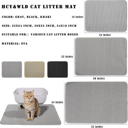 HCY&WLD Cat Litter Mat, 45x26/35x24/30x22/24x18 Inch Double Layer Cat Litter Box Mat, EVA Non-Slip, Waterproof Urine Proof Cat Litter Catcher Mat, Easy Clean Scatter Control (30x22 Inch, Black)