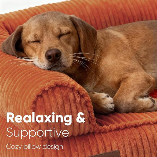 FUKUMARU Cute Dog Bed, Waterproof Corduroy Dogs Couch, 36in Orthopedic Pet Sofa for Medium to Large Dogs Dog, Warm Cotton Pet Bed with Washable Cover, Orange