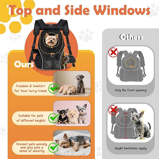 WOYYHO Pet Dog Carrier Backpack with Top and Side Windows, Small Dog Front Backpack Ventilated Mesh Dog Back Pack with Safety Belt for Travel Hiking Outdoor Adventures (Size S: 2-4.5 lbs, Black 2.0)