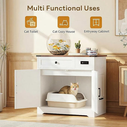 LIKIMIO 31.5" Smart Cat Litter Box Enclosure with LED Odor Control, Farmhouse Hidden Cat Litter Box Furniture with Hinged Entrance and Drawer, Litter Box Cabinet for Living Room, White