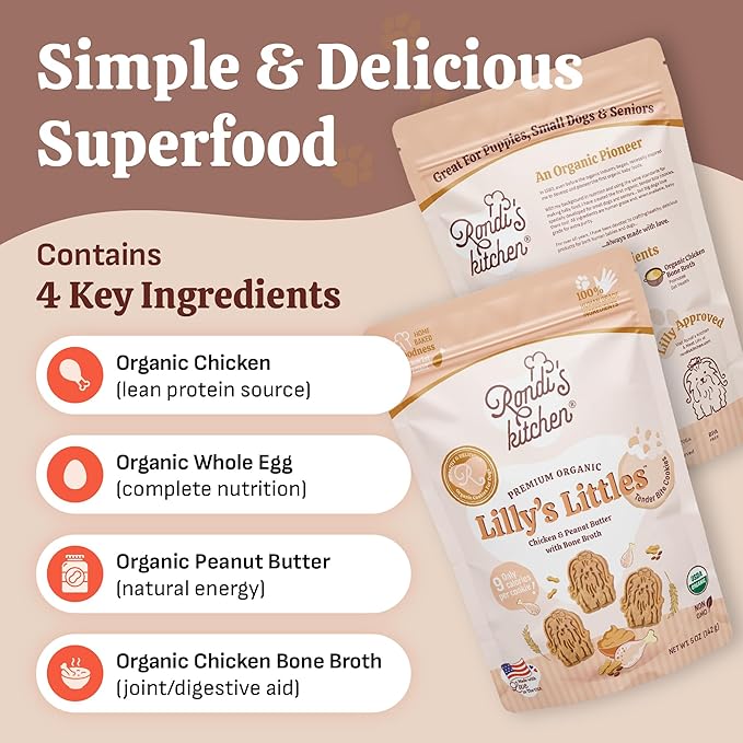 Rondi's Kitchen Lilly's Littles Organic Tender Dog Treats - Natural Doggie Cookie for Small Dogs, Puppy, Senior, Training - Human Grade Superfood Biscuit with Bone Broth - Chicken & Peanut Butter
