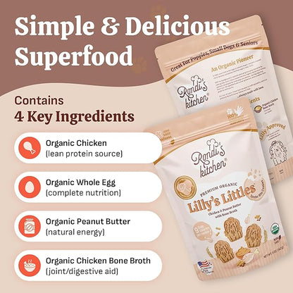 Rondi's Kitchen Lilly's Littles Organic Tender Dog Treats - Natural Doggie Cookie for Small Dogs, Puppy, Senior, Training - Human Grade Superfood Biscuit with Bone Broth - Chicken & Peanut Butter