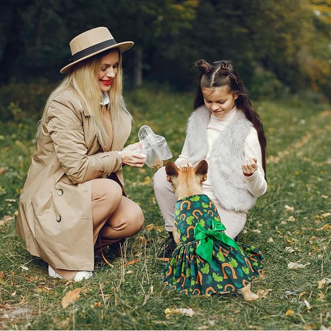 St. Patrick's Day Dog Costume Dress M – Lucky Clover and Horseshoe Design with Green Bow, Pet Outfit for 8-9 lbs Dogs and Cats, Holiday Party Clothes