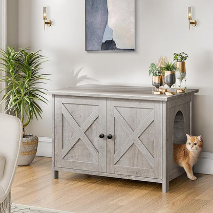 Shintenchi Cat Littler Box Enclosure, Litter Box Furniture Hidden with Removable Divider, Cat House with End Table, Grey, 31.5 inch