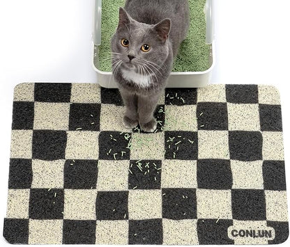 Conlun Cat Litter Mat Litter Trapping Mat, Premium Durable PVC Cute Cat Litter Box Mat, Non-Slip, Less Waste Kitty Litter Mat, Soft on Kitty’s Paws, 24”x 17” cat matts for litter, Chessboard