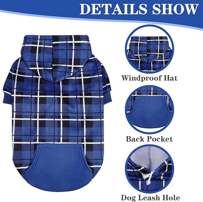 EXPAWLORER Plaid Dog Hoodie - British Style Warm Dog Sweater Shirt with Leash Hole,Pitbull Clothes Outfits,Winter Coat Apparel for All Breeds Puppy Girl Boy-Cat Apparel,Navy Blue XL-XXLarge