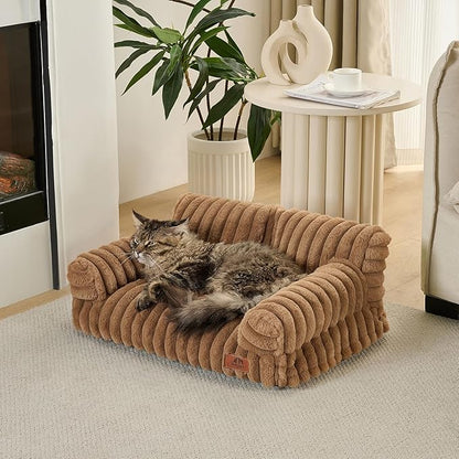Hollypet Fluffy Dog Cat Bed Pet Couch Beds Plush Soft Warming Washable Puppy Bed for Small Medium Dogs and Large Cats, Brown, 24" L x 18" W x 10" Th