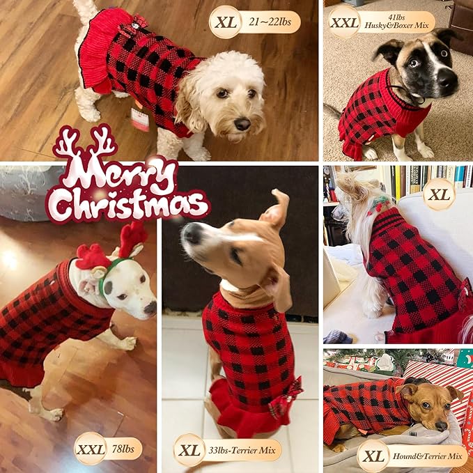 KYEESE Dog Christmas Sweater Dress with Bowtie Checkered, Turtleneck Dog Sweater for Small Dogs Girl with Leash Hole, Holiday Warm Pet Sweaters Dress, Red, X-Large