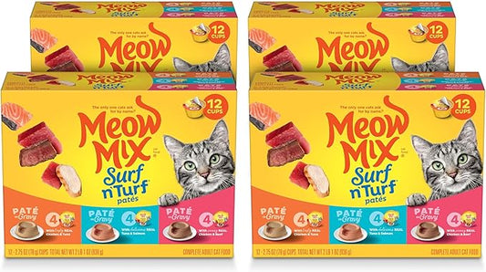 Meow Mix Paté in Gravy Wet Cat Food Variety Pack, Surf n’ Turf Patés 2.75 Ounce (Pack of 12)