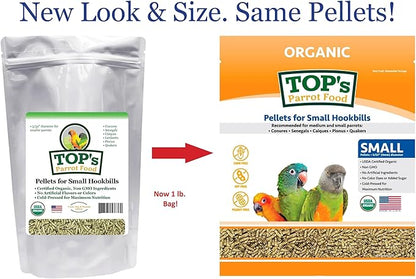 TOP's Parrot Food Bird Pellets for Small Hookbills - Non-GMO, Peanut Soy & Corn Free, USDA Organic Certified (1lb)