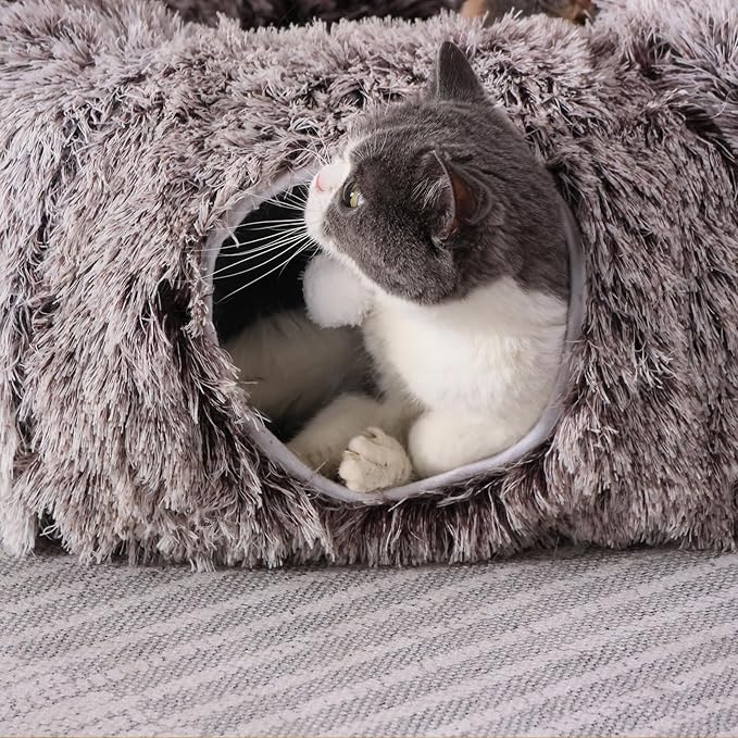 Plush Cat Tunnel Bed for Indoor Cats with Soft Cushion, Multi-Shape Play Cave with Hanging Balls, Large and Foldable Cat Donut Tunnel for Small and Large Pets (Brown)