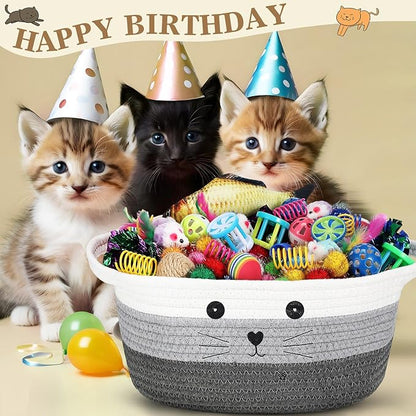Zopeal 58 Pcs Easter Cat Storage Basket Gift Toys Set, Colorful Flashing Balls Pet Bell Crinkle Balls Spring Toys Attract Cat to Swat, Hunt, Interactive for Pet(Multicolor,12 Inch)