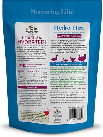 Manna Pro Hydro-Hen Poultry Electrolyte & Probiotic Supplement, Hydration Support for Chickens, Ducks, Turkeys & Waterfowl, 20 oz