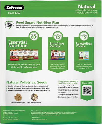 ZuPreem Natural Bird Food, Daily Bird Feed Pellets for Cockatiel, Lovebird, Quaker, Small Conure, Lorikeet, ZuPreem Core Nutrition, Added Vitamins, Made in USA, Cockatiel Food, (Medium, 10 lb Bag)