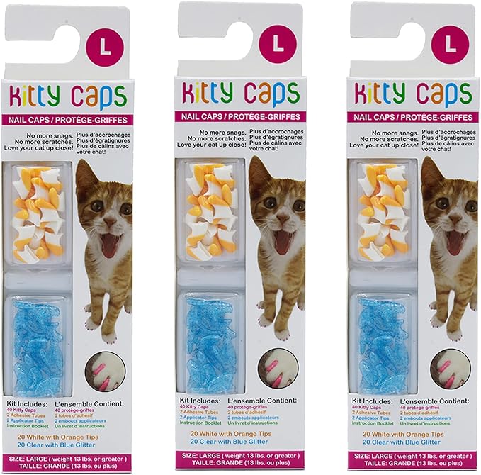 Kitty Caps Nail Caps for Cats, White with Orange & Clear with Blue Glitter - Safe, Stylish & Humane Alternative to Declawing Stops Snags & Scratches, Large (13 lbs or More), 40 Count - 3 Pack