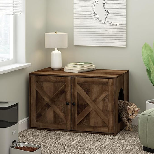 Furinno PELI Cat Litter Box Enclosure, Farmhouse Hidden Litter Box Furniture with Side Entrance, Wooden Pet House with 2 Slatted Doors, Easy Assembly, for Living Room, Rustic Brown