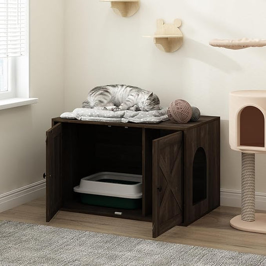 Furinno PELI Cat Litter Box Enclosure, Farmhouse Hidden Litter Box Furniture with Side Entrance, Wooden Pet House with Slatted Door, Easy Assembly, for Living Room, Ebony
