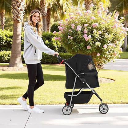 BestPet | 3-Wheel Pet Stroller | Dog and Cat Stroller | Breathable Mesh | Lightweight Travel Carrier | Waterproof & Foldable Design | Storage Basket | Black | for Daily Walks & Outdoor Use