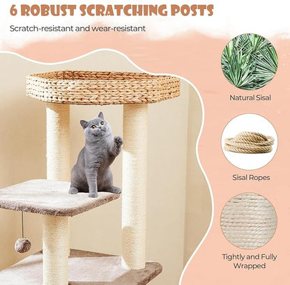 PETSITE 52 inch Cattail Cat Tree, Multi-Level Cat Tower with Scratching Posts, Cat Condo, Top Perch, Hanging Jingling Ball and Soft Washable Cushions, Modern Cat Tree for Indoor Cats