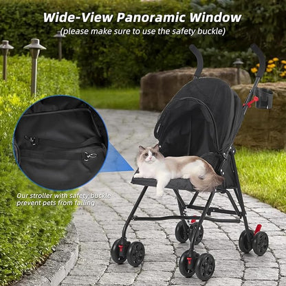 Pet Stroller Oxford Cloth Foldable Dog Strollers for Small Dogs and Cats Suitable for All Road Surfaces Wide-View Panoramic Window 4 Wheels with Brakes Portable Design, Easy to Store (Pink)